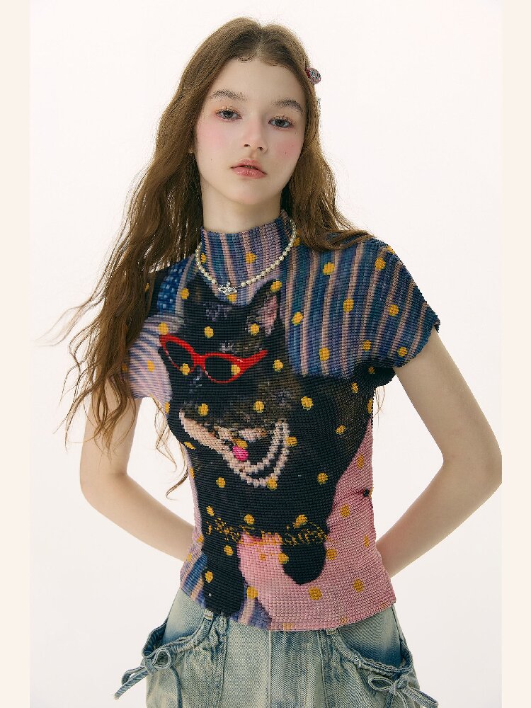 Polka Dot Cat Pleated T-Shirt【s0000016853】