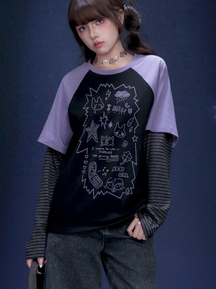 Graffiti Fake Two Purple T-Shirt【s0000015445】