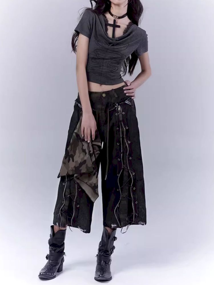 Openwork cross print lace T-shirt【s0000012847】