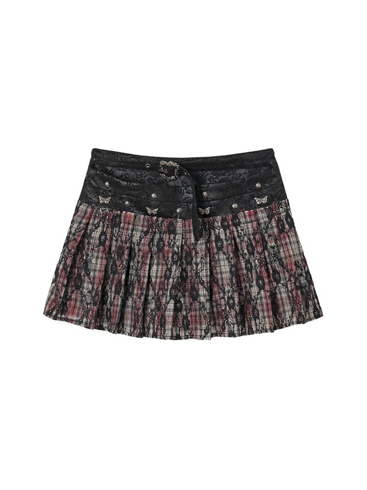 Lace Splicing Plaid Pleated Skirt【s0000009749】