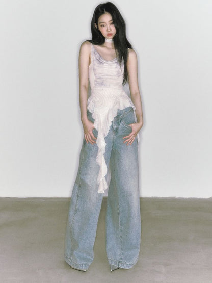 Wide-leg broken holes micro-laundry jeans【s0000012140】