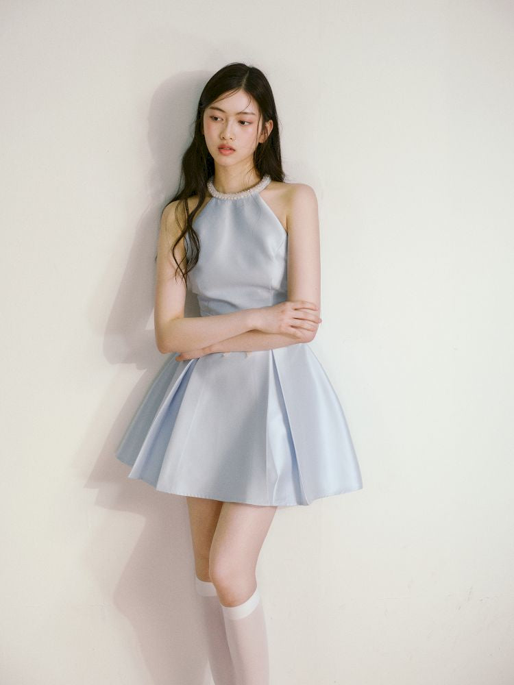 Satin Pearls Hanging Neck Dress【s0000013246】