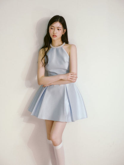 Satin Pearls Hanging Neck Dress【s0000013246】