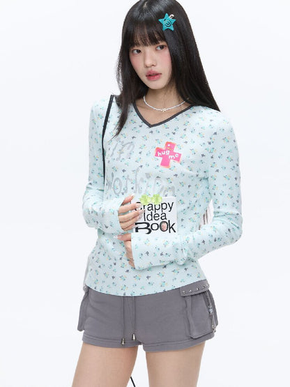 Full Print V Neck Long Sleeve Top【s0000016406】