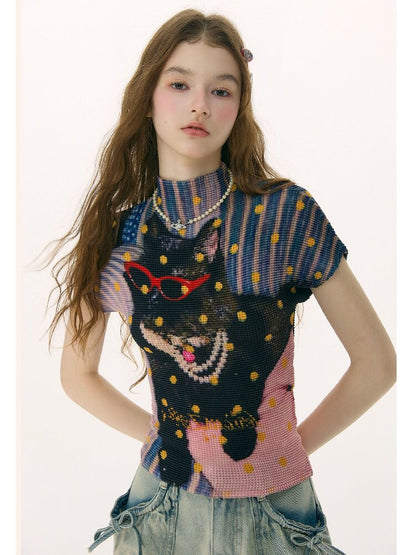 Polka Dot Cat Pleated T-Shirt【s0000016853】