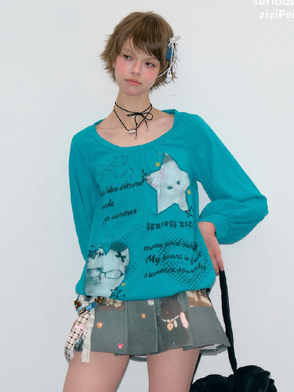 Lantern Sleeve Cat Print T-Shirt【s0000017877】