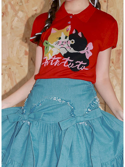 Two-Tone Kitten Knit Short-Sleeve Polo Shirt【s0000013925】