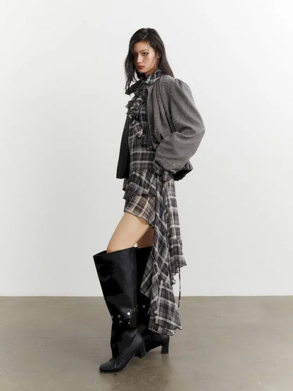 Ruffle asymmetrical chiffon plaid shirt dress【s0000014034】
