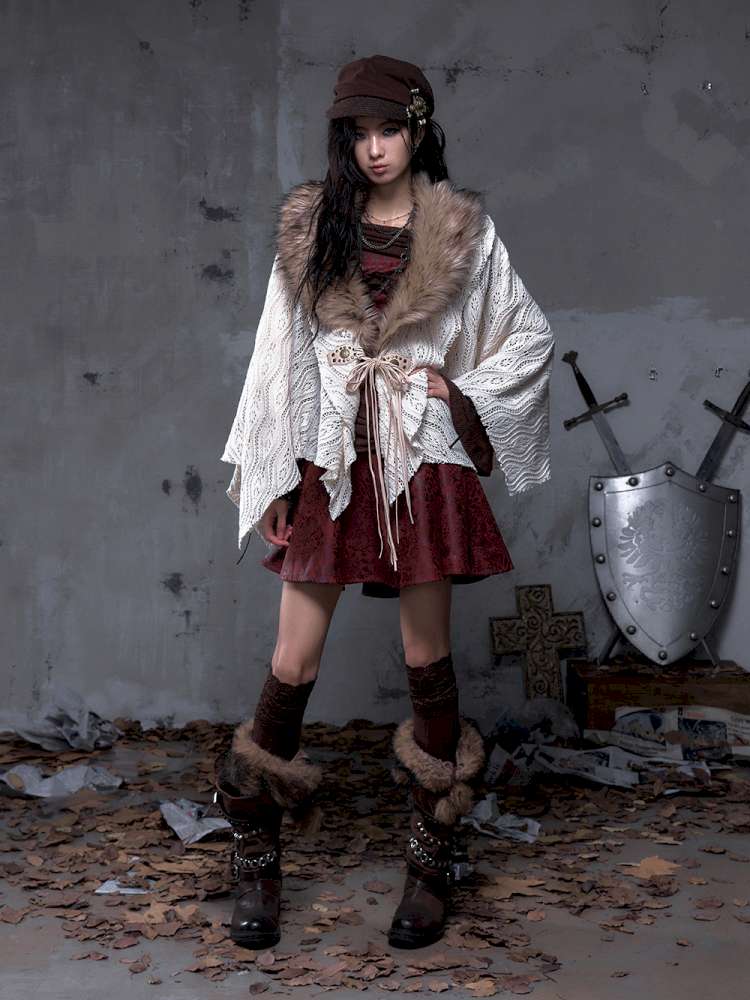 Knit Fur Collar Shawl Cape【s0000014659】