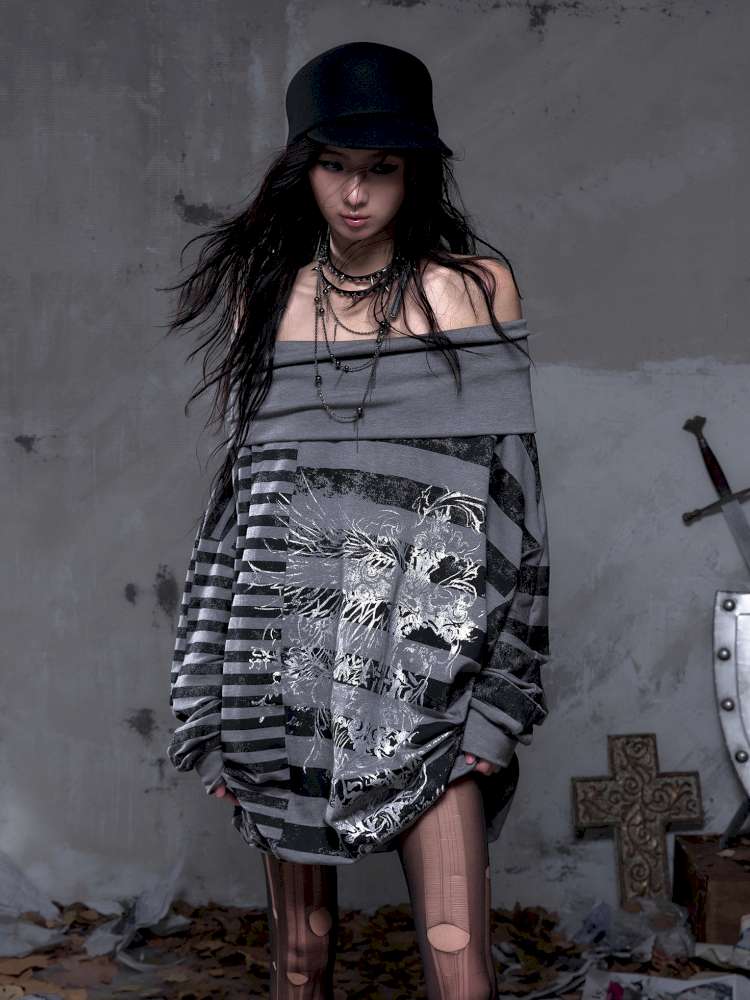 Striped Print Loose Bat Sleeve Dress【s0000014658】