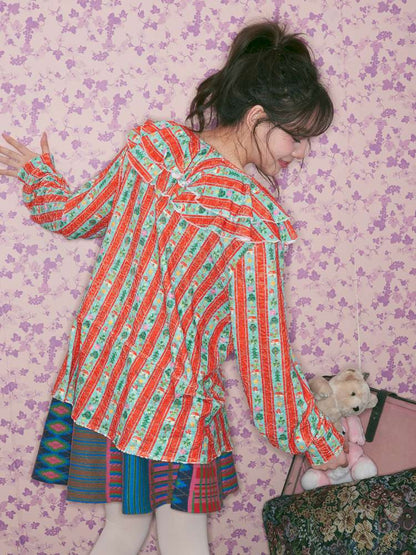 Red Green Stripe Lace Collar Shirt【s0000015368】