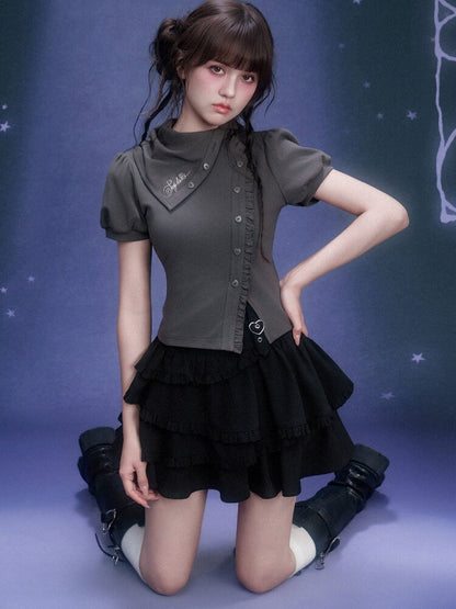 Diagonal Placket Stacked T-shirt【s0000015762】