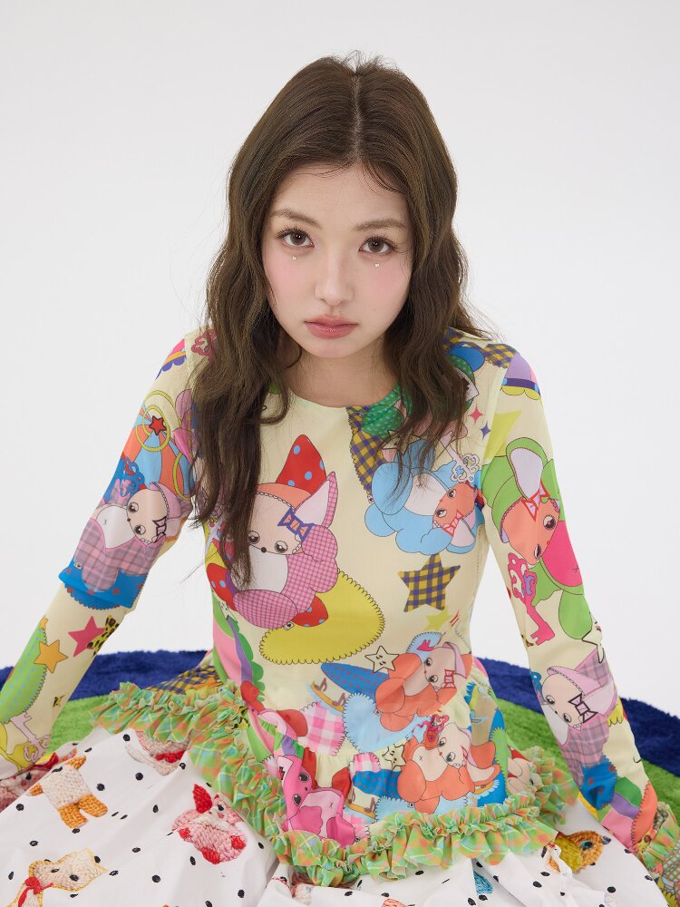 Two Color Cartoon Mesh Lace Top【s0000016197】