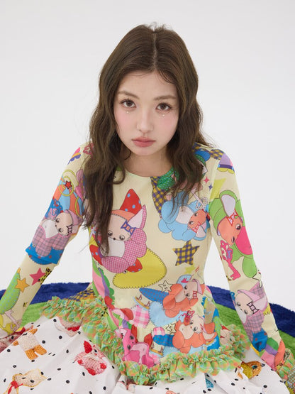 Two Color Cartoon Mesh Lace Top【s0000016197】