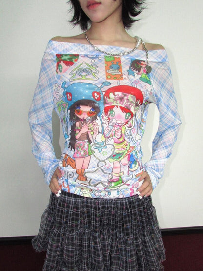Check Stretch Mesh Long Sleeve Top【s0000018654】