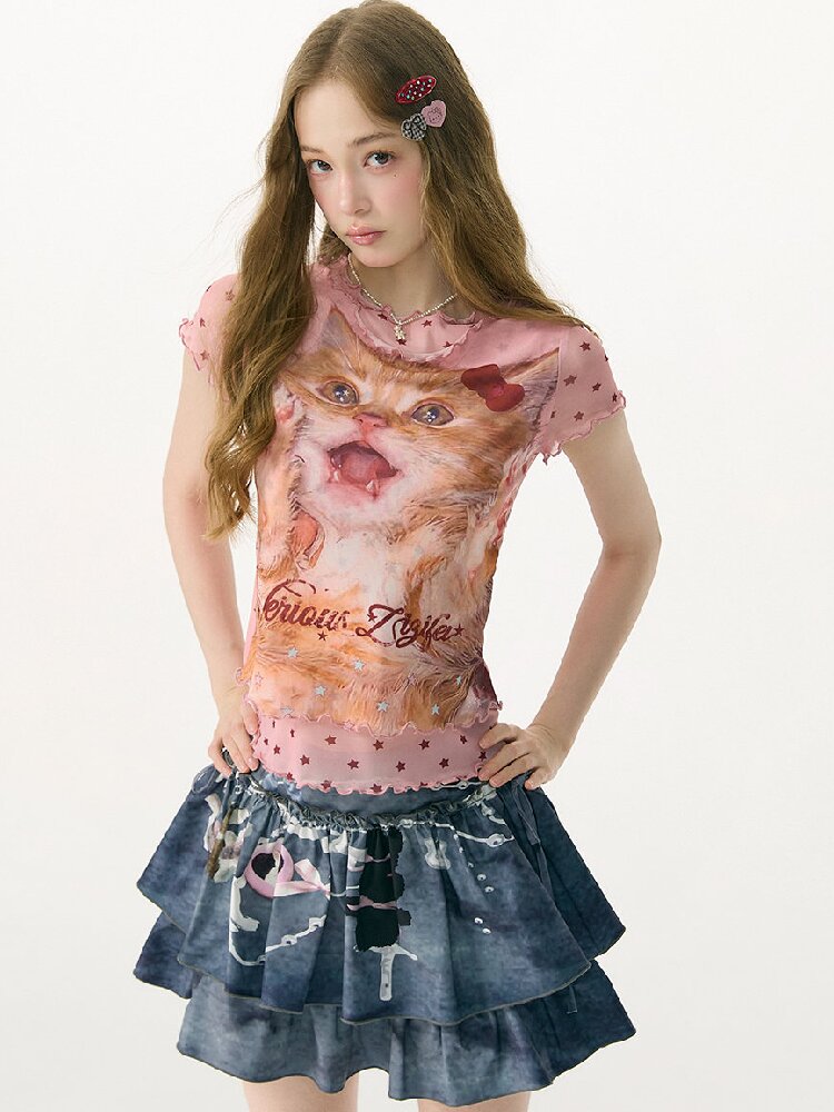 Summer Mesh Cat Print T Shirt【s0000017163】