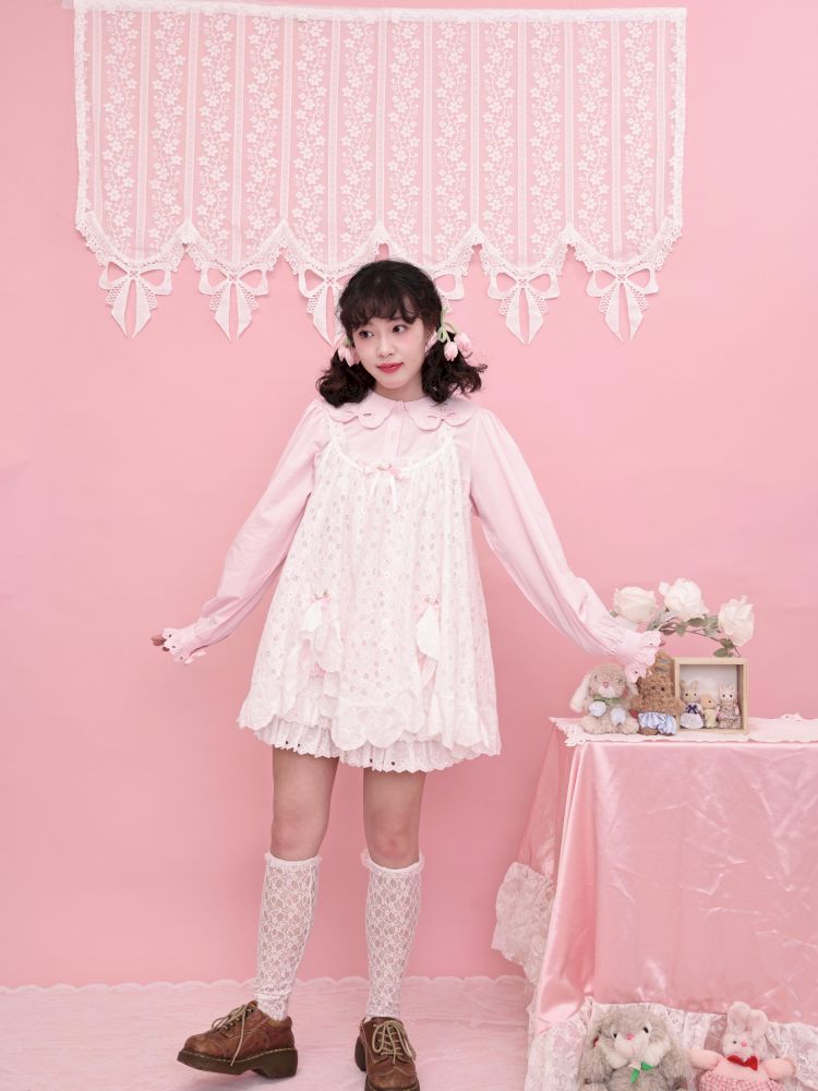 Doll Collar Zipper Neck Pink Lace Blouse【s0000013492】