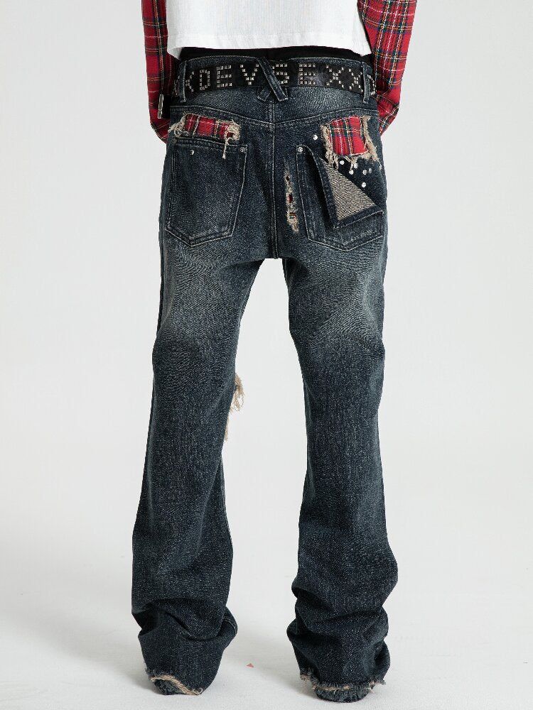 Red Plaid Patch Ripped Jeans【s0000018559】