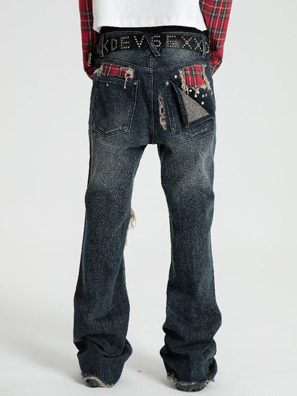 Red Plaid Patch Ripped Jeans【s0000018559】