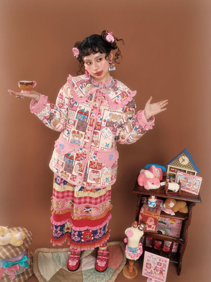 Pink Patchwork Printed Quilted Jacket【s0000015586】