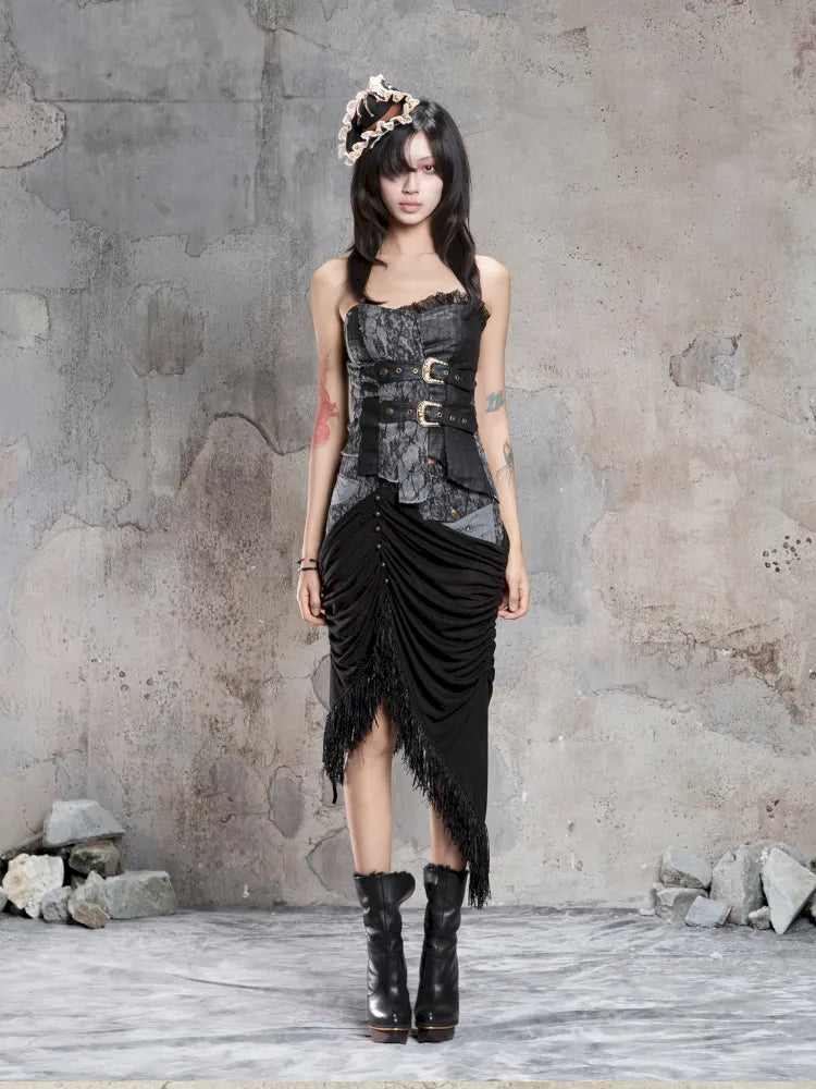 Asymmetric Knit Patchwork Drawstring Skirt【s0000014125】