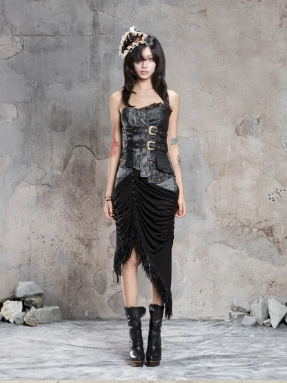 Asymmetric Knit Patchwork Drawstring Skirt【s0000014125】