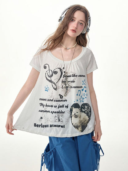 Summer Cat Print Short Sleeve T Shirt【s0000017255】