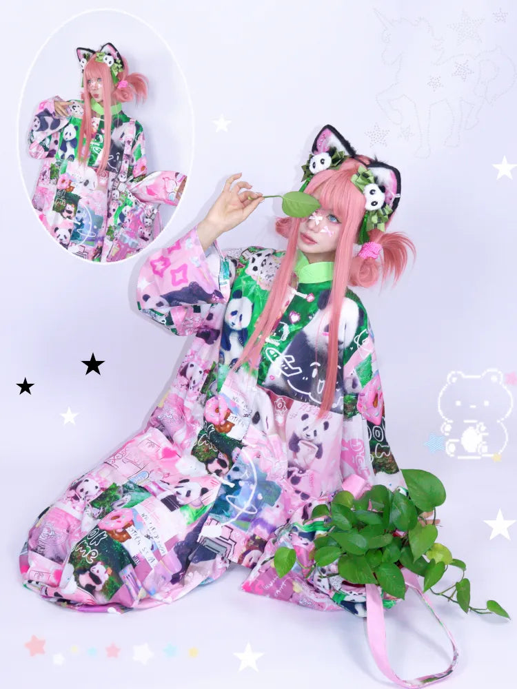 Panda Collage Print Stand Collar Long-Sleeve Top【s0000013981】