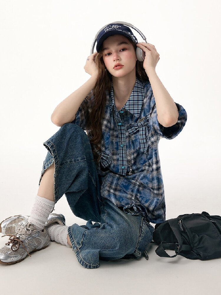 Blue Plaid Bow Preppy Style Shirt【s0000017308】