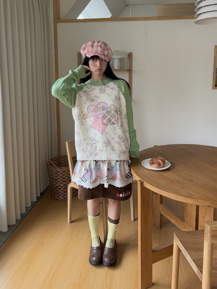 Puppy Floral Print Color Block Sweater【s0000019080】