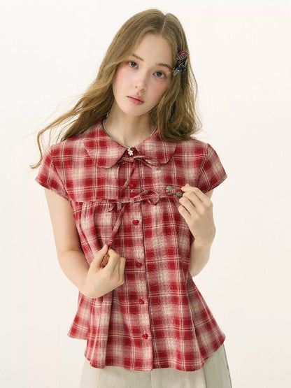 Doll Neck Bow Plaid Preppy Shirt【s0000016850】