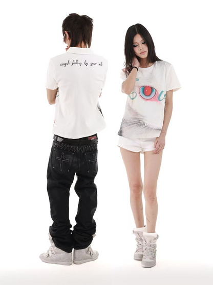 Cat Graphic Printed Street Polo Shirt【s0000018253】