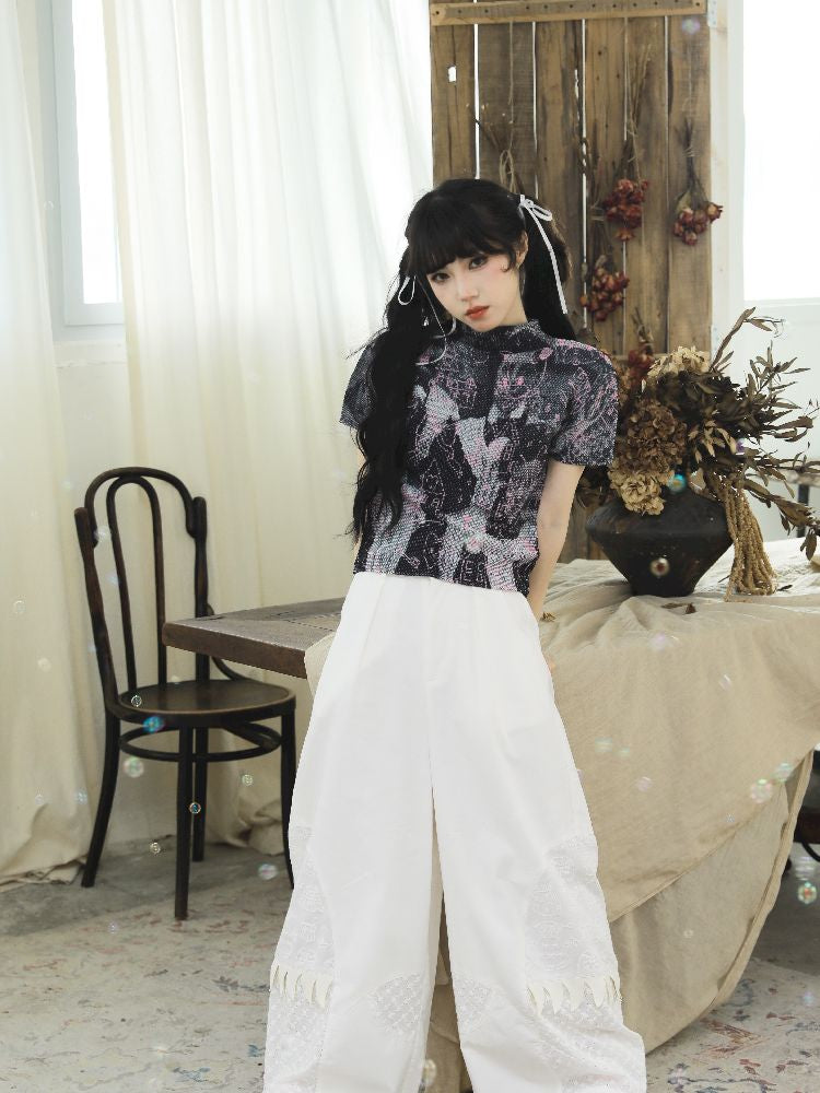 PatchWork Dog Face Wide Leg Pants [S0000010906]