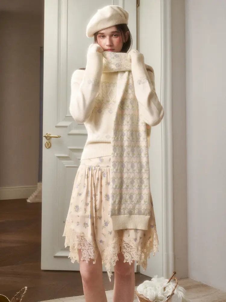 Fresh and Soft Cotton Sweater, Scarf, Floral Skirt【s0000014323】
