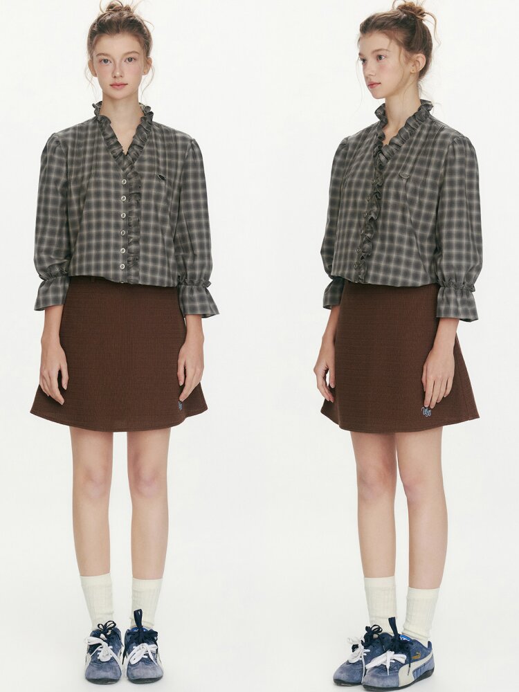 French V-neck Plaid Fungus Shirt【s0000015677】