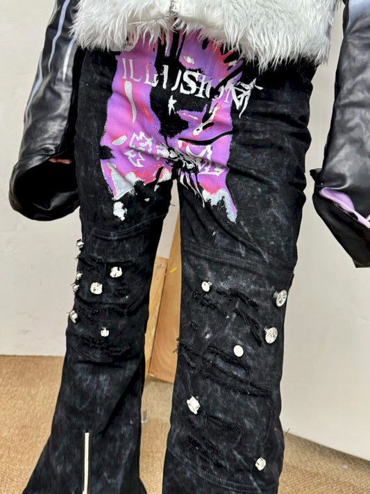 Ripped Print Destroyed Slim Flare Jeans【s0000013717】