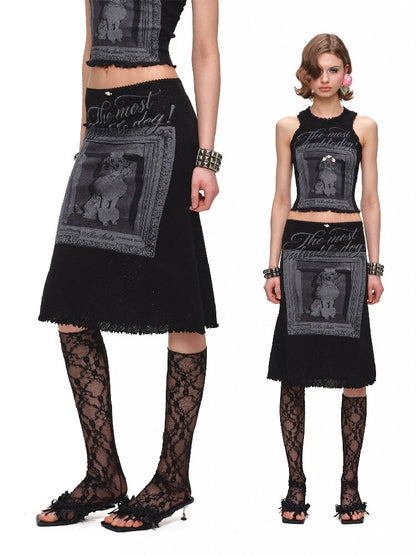 Vintage Dog Print Vest Midi Skirt【s0000016905】