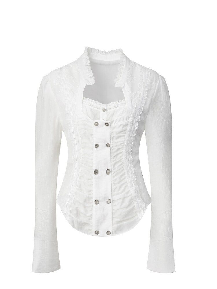 Vintage Lace Stitched Square Neck Shirt【s0000015910】