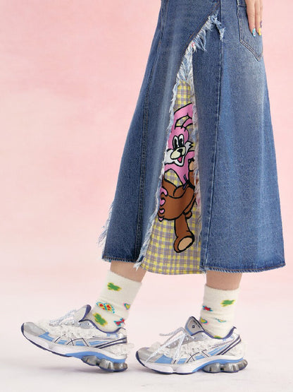 Denim Patchwork Tassel Frayed Plaid Skirt【s0000019253】
