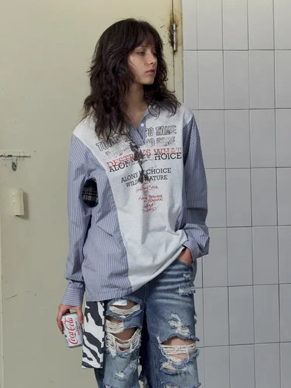 Patchwork Blue Striped Sleeve Shirt【s0000014199】