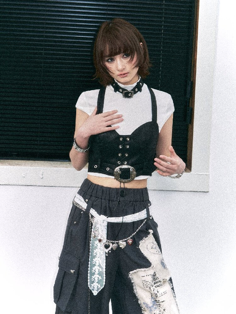 Punk Vintage Suspender T-shirt Two-piece Set【s0000015968】