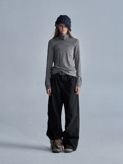 Double-Layer Cuffs High-Neck Tee【s0000019087】