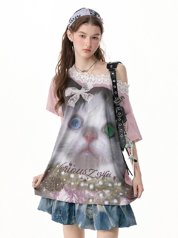 Lace Patchwork Cat Print Loose T【s0000017316】