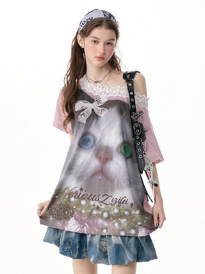Lace Patchwork Cat Print Loose T【s0000017316】