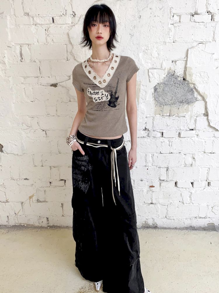 V-Neck Guitar Print Short Sleeve T-Shirt【s0000012424】