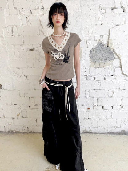 V-Neck Guitar Print Short Sleeve T-Shirt【s0000012424】