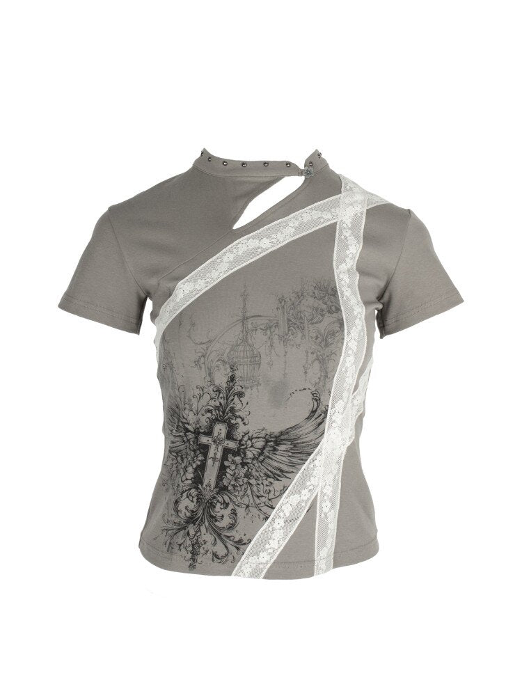 Cross Wing Print Cotton Cheongsam T-Shirt【s0000018064】
