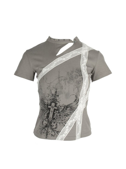 Cross Wing Print Cotton Cheongsam T-Shirt【s0000018064】