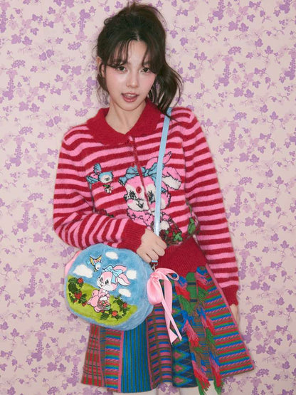 Red Striped Bunny Knitted Cardigan【s0000015376】