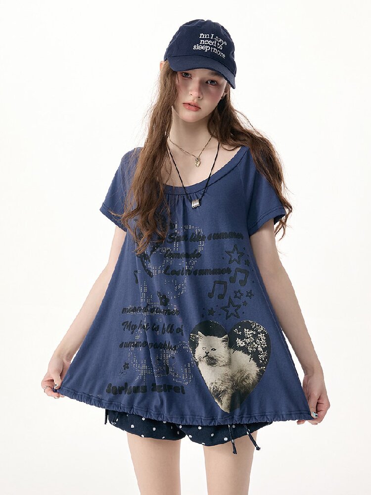 Cat Print Lazy Drawstring T-Shirt【s0000017253】